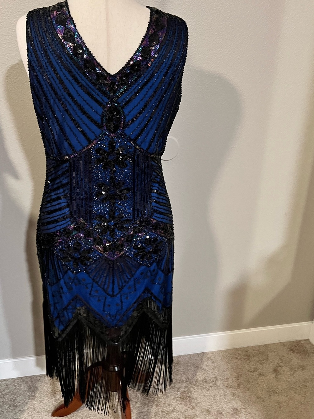 Vintage-Inspired Beaded Fringe Dress in Royal Blue